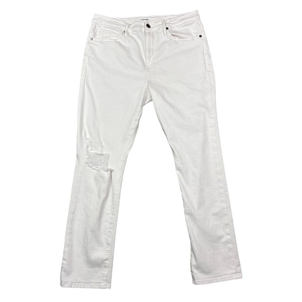 FRAME Le Beau White Distressed Straight Leg Jeans‎ Size 29 Womens Denim Pants